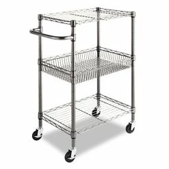 Three-Tier Wire Cart With Basket, 28w X 16d X 39h, Black Anthracite