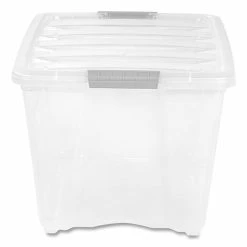 Stack And Pull Latching Flat Lid Storage Box, 13.5 Gal, 22" X 16.5" X 13.03", Clear
