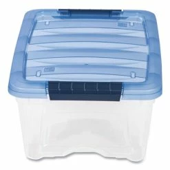 Stack And Pull Latching Flat Lid Storage Box, 3.23 Gal, 10.9" X 16.5" X 6.5", Clear/Translucent Blue