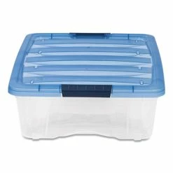 Stack And Pull Latching Flat Lid Storage Box, 6.73 Gal, 16.5" X 22" X 6.5", Clear/Translucent Blue -Luigi Bormioli shop IRS100364 2